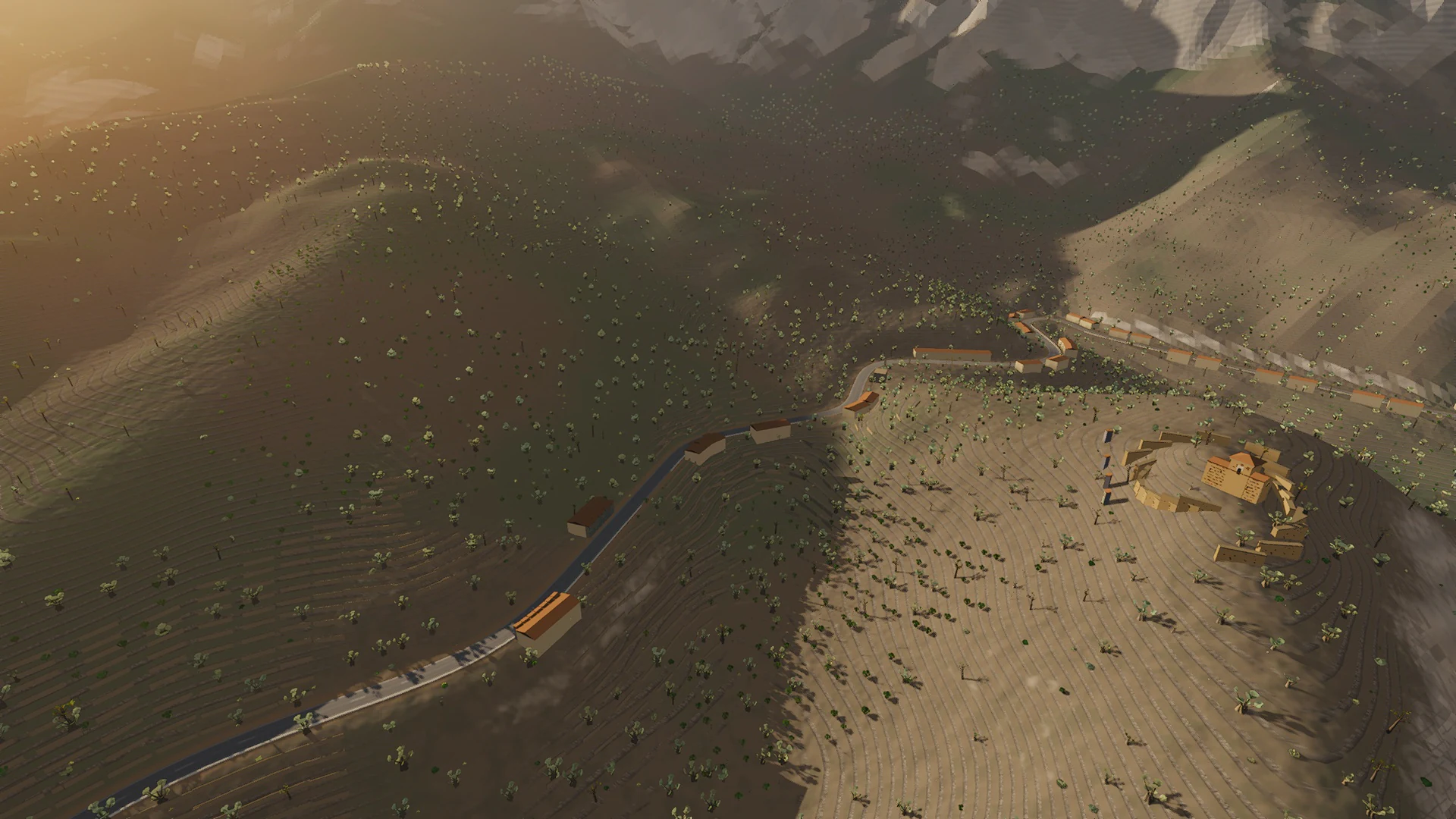 In-game rider on the terraced coastal road near Deià at golden hour