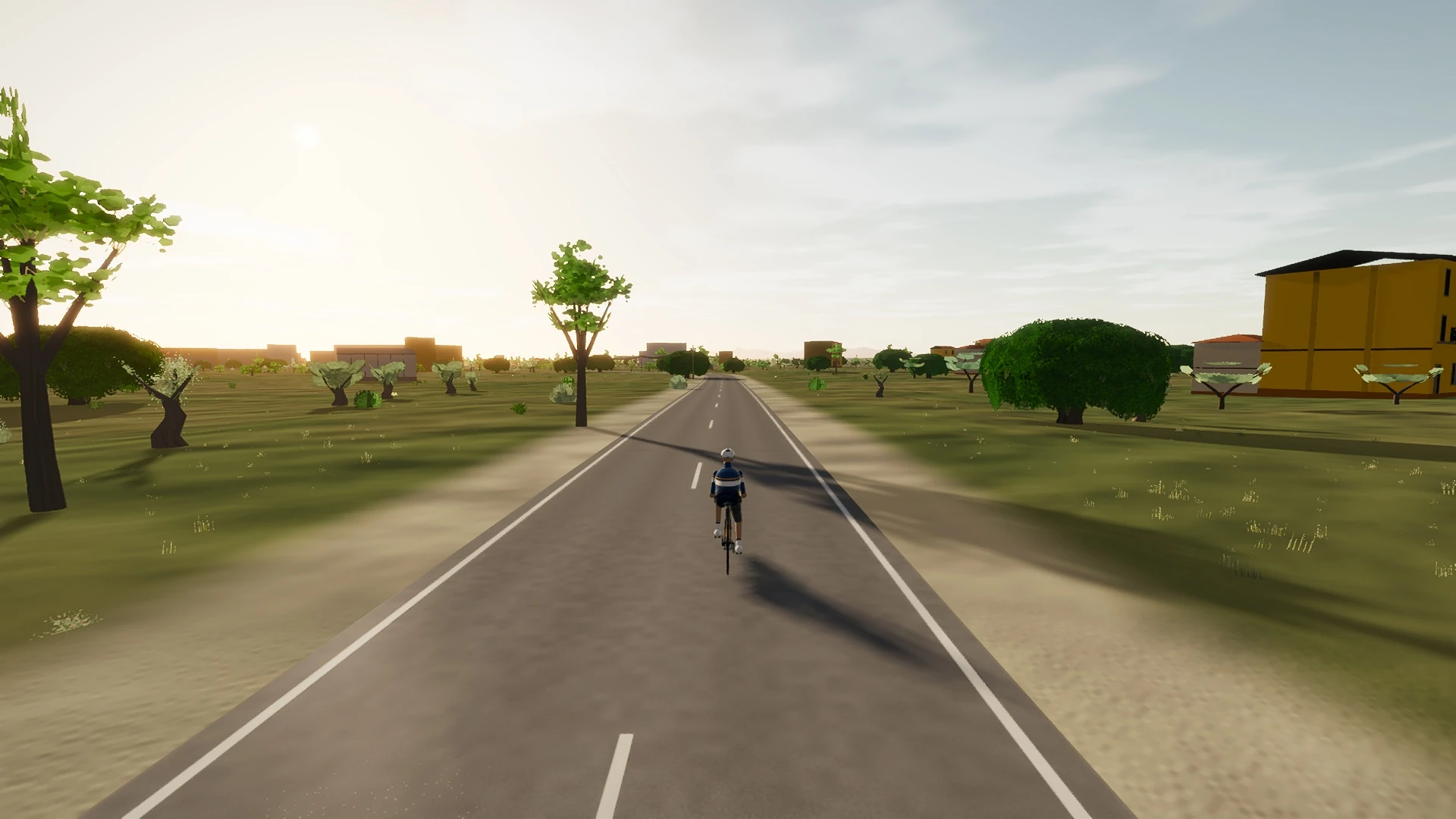 In-game view captured on The Plaça del Tren Loop, a cycling route in North Mallorca
