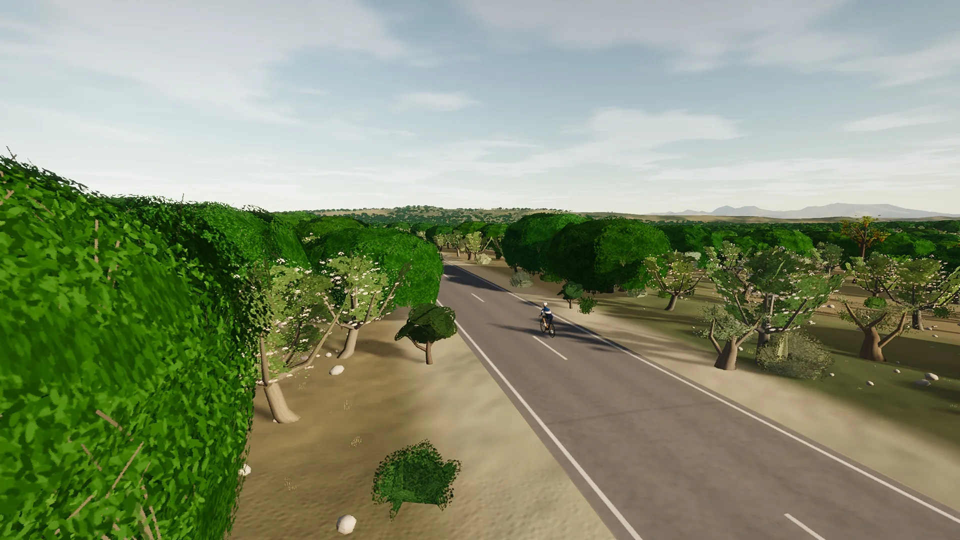 In-game view captured on Sant Joan west on the Ma-3230, a cycling route in Pla de Mallorca